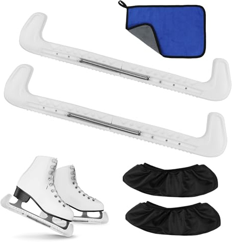 Coprilama Pattini Ghiaccio Bianchi (Bianco), Set 5 Pezzi con Protezioni Regolabili, Coprilama Elastici e Asciugamano, Adatti per Pattini Artistici, Hockey e Sport Invernali