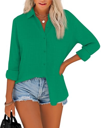 NONSAR - Dam blus, långärm, med V-hals, elegant, casual, med knappar, blusar, grön, M
