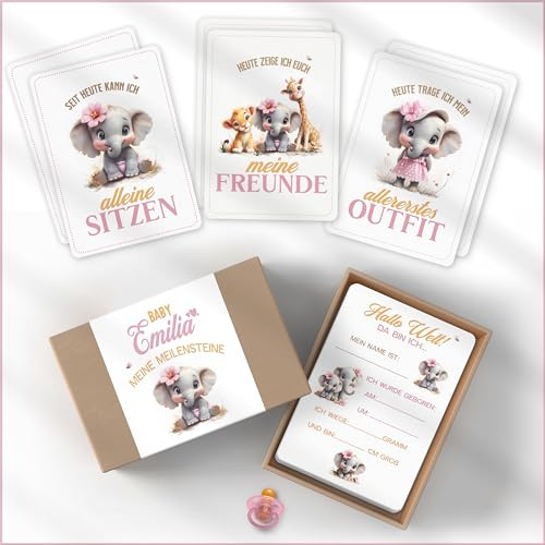 Personalisierbare Baby Meilensteinkarten | 50 Monatskarten inkl. süßer Schachtel | Elefant Mädchen | DAS Geschenk zur Schwangerschaft und Geburt