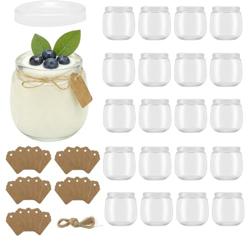 Micvtve 200 ml Joghurtgläser mit luftdichten Deckeln,20 Pack transparente Dessertgläser,mit Seil und Anhänger,Für Marmelade, Honig, Desserts, Kerzen, Spülmaschinen-,Gefrierschrank- &Mikrowellenfest