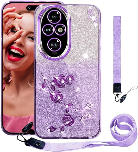 PONRFEKT Funda Brillante con Purpurina para Motorola Moto E40 con Correa y muñequera,Funda Transparente Fina con Diamantes,Carcasa Protectora Bonita para Mujeres y niñas-Morado