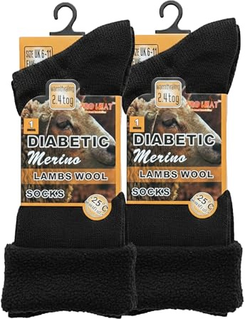 J&A MARTS Men's Diabetic Merino Wool Thermal Socks 6-11, 2.4 TOG Soft Top Gentle Grip Non-Elastic Loose Fit Winter Socks UK 6-11 (Black) (Men’s Diabetic Merino 2 Pair)