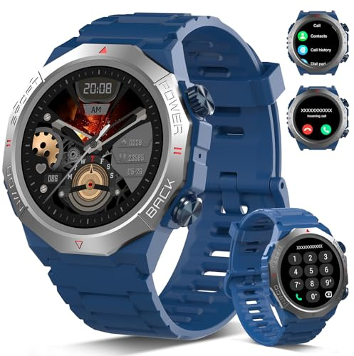 Atheewon Militär Smartwatch Herren Damen, Smart Watch mitTelefonfunktion 1,39 Touchscreen, Hellblau