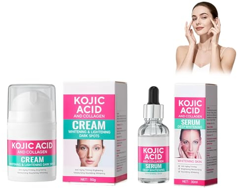 Set Kojic Acid Face Cream+Siero, Crema Viso per Macchie Scure, Moisturizing Firming Cream, Riduce le Rughe Sottili, Attenua le Macchie Scure, Idrata e Nutre, Rassoda la Pelle