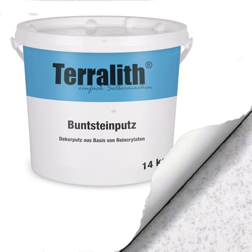 Terralith Buntsteinputz 14kg in weiß, Sockelputz für Innen und Außen mit Reinacrylat Bindemittel aus Naturstein, 1-2mm Körnung (BSP1110)
