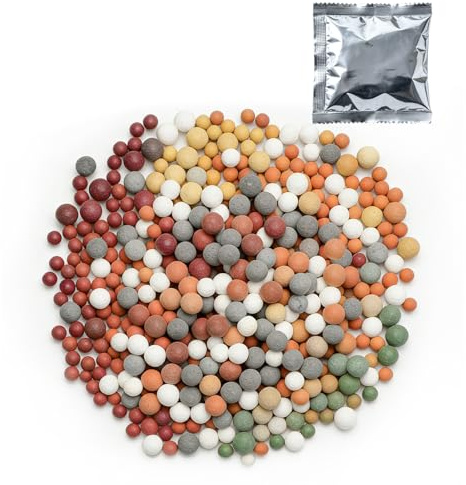 OFFO Anti Calcaire pour Douche, 4 Paquets de Billes Minérales pour Filtre de Pommeau de Douche, 20 Types de Billes Filtrantes, Filtre Pommeau de Douche, Purifie l'Eau, Équilibre le pH pour Douchette