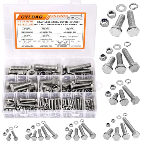 CYLBAQ 351PCS Nut and Bolt Sets M3 M4 M5 M6 M8 M10 M12, Stainless Steel Hex Head Bolts Nuts Washers and Lock-nuts Set, Outer Corner Hexagon Machine Screws Bolt Assortment Kit