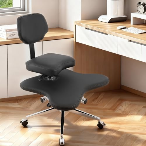 Multifunktionaler Meditationsstuhl mit Fußstütze, Ergonomischer Meditationsstuhl, Höhenverstellbar 53-69 cm, 360° Drehbar, PU-Leder Schwarz, mit 5 Bremsrollen, für Yoga und Büro, Belastbar bis 150 kg