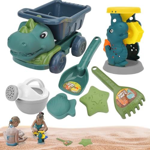 ANosteie Strandspielzeug 7-teilig Dinosaurier-Sandspielzeug inklusive Muldenkipper Gießkanne Schaufel Rechen und Sandformen sicherer Kunststoff-Sandkasten für Kleinkinder Kinder Mädchen und Jungen