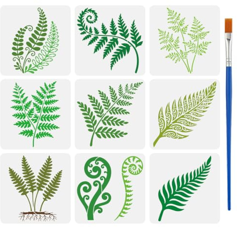 FINGERINSPIRE 9PCS Fern Plants Painting Stencils with Paint Brush 15x15cm Reusable Leaf Root Drawing Template DIY Crafts Fern Pattern Stencil Plant Theme Template for Painting on Wall Furniture
