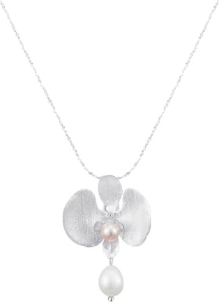 crayfomo Collana di perle di orchidea, Catena di clavicola d'argento spazzolata, Collana delicata francese, Gioielli di design di nicchia, Accessori per costumi eleganti da donna