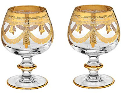Interglass Italy Luxury Crystal Brandy Snifters, Vintage Design 24kt Gold Hand Decorated Cognac Goblets, Set of 2