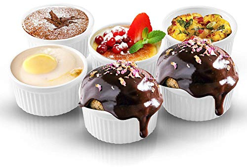 Porcelain Souffle Dishes,Ceramic Baking Ramekin Set Oven Safe Porcelain Bakeware Serving for Sauces Dipping,Onion Soup,Lava Cake,Flan,Creme Brulee,Pudding, 6 pack White 100 ml