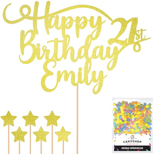 Personalised Happy Birthday Glitter Cake Topper - Champagne Any Name & Any Age Glitter Cake Decoration and Sprinkles - Happy Birthday Decorations - Personalised Toppers for Cakes by Cakeshop