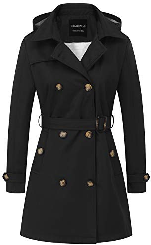 CREATMO US Damen-Trenchcoat, zweireihig, klassischer Revers, Übermantel, Gürtel, schmale Oberbekleidung, Mantel mit abnehmbarer Kapuze, Schwarz, M