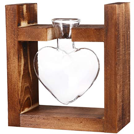Jarrón hidropónico de Cristal en Forma de corazón, con Soporte de Madera para decoración de Escritorio de casa, Oficina, Boda, jarrón de Cristal con Soporte de Madera