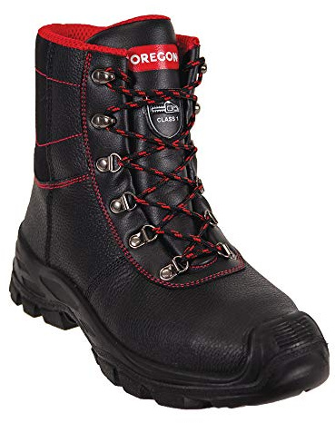 Oregon Sarawak Klasse 1 Kettensägen-Schnittschutzstiefel aus Leder, Stahlkappen, Sicherheits-Arbeitsstiefel, Größe 47, Schwarz