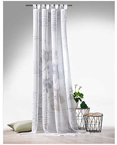 heimtexland ® Schlaufenschal Vorhang Leinen Natur Gardine HxB 255x140 Blumen Lettering Typ756 Taupe Grau