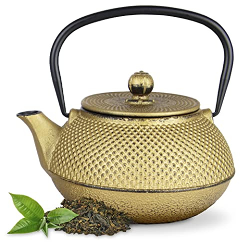 Tealøv Arare THEIERE EN FONTE 800 ML - Théière en Fonte avec Infuseur - Entièrement émaillée de l'intérieur - Prépare Une Tasse de Thé Parfaite - Design Authentique Japonais à Picots - Arare Or