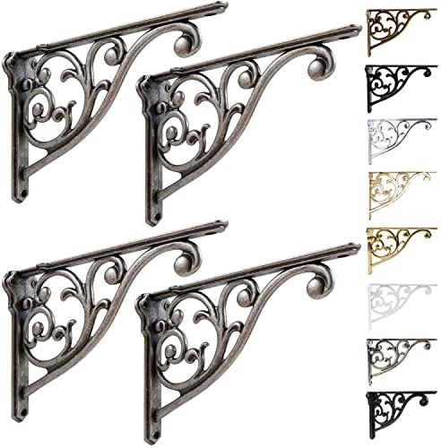 Regalhalterungen, 20,3 cm, strapazierfähig, antik verwittert, Nickel, Wandhalterung, Barock, Küche, dekoratives Regal, inkl. aller Hardware (4, Schwarz) (4, Antik-Echtsilber)