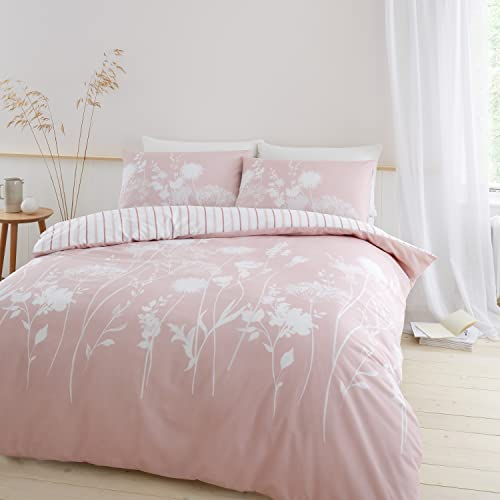 Catherine Lansfield Meadowsweet Floral Reversible Double Duvet Cover Set with Pillowcase Blush Pink