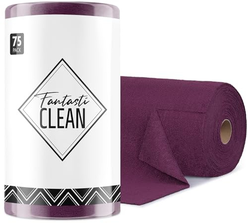 Fantasticlean Microfiber Cleaning Cloth Roll -75 Pack, Tear Away Microfiber Towels, 12 x 12, Reusable, Washable, Scratch Free, Ultra Absorbent for All-Around Cleaning Supplies (Dark Purple)