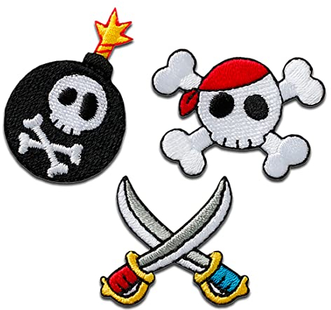 Mono Quick Piraten Trio 3 Stück - Aufnäher, Bügelbild, Aufbügler, Applikationen, Patches, Flicken, zum aufbügeln, Größe: 3,6 x 3,4 cm