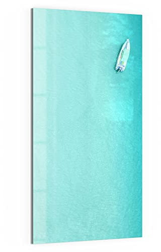DEQORI Glas-Magnettafel | 50x100 cm groß | Motiv Blick auf Boot im Meer | Memo-Board aus Glas | Magnetboard inkl. Magnete, Stift & Tuch für Küche & Büro | Tafel magnetisch & beschreibbar