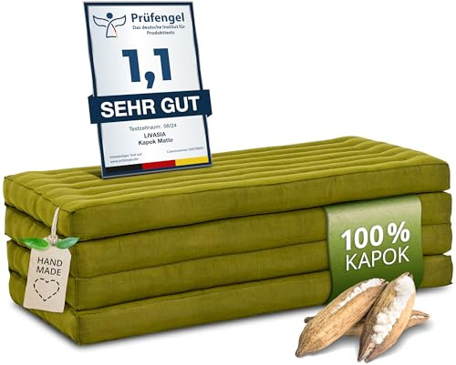 livasia Nachhaltige Klappmatratze aus Kapok - 200x110x8cm - breite Gästematratze, Faltbare Matratze, ökologische Yogamatte, klappbares Gästebett, Liege für Garten und Balkon (Grün Uni)