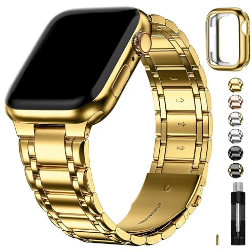Fullmosa Rem kompatibel med Apple Watch, 41 mm, 40 mm, 38 mm, rostfritt stål, reserv, iWatch-band med TPU-skyddsfodral för serie 1–9, SE, guld