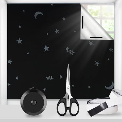 Fenster Verdunklungsrollo Ohne Bohren,100% Lichtundurchlässig & Sonnenschutz 420D Oxford Verdunklungsstoff mit Saugnäpfen| 2m x 1,45m Stern Muster| Dachfenster Verdunkelung Sonnenschutzfolie
