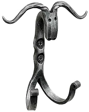 Living Ideas Hand Forged Bull’s Head Double Hook Wrought Iron Handmade Wall Mounted Rustic Hook with Ring Holder Blacksmith Farmhouse Decor Coat Rack Antique Finish Heavy Duty Kitchen Towel Hooks