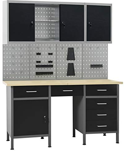 ZEYUAN Werkbank mit 4 Werkzeugwänden und 2 Wandschränken, Werktisch, Arbeitstisch, Schweißtisch, Maschinenuntergestell, Werkzeugbank