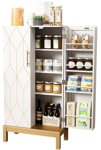 HOLTICO Dispensa da Cucina con Ripiani Regolabili, Piedini Dorati e Ante Decorate, Armadietto Autoportante per Soggiorno, Camera da Letto, Bagno, Sala Pranzo e Garage, Bianco Neve Con Dettagli Dorati
