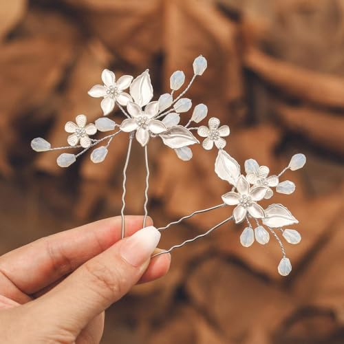 IYOU Braut Hochzeit Haarnadeln Blume Opal Silber Haarschmuck Blätter Kommunion Brautjungfer Haarteil für Damen und Mädchen (2 Stück)