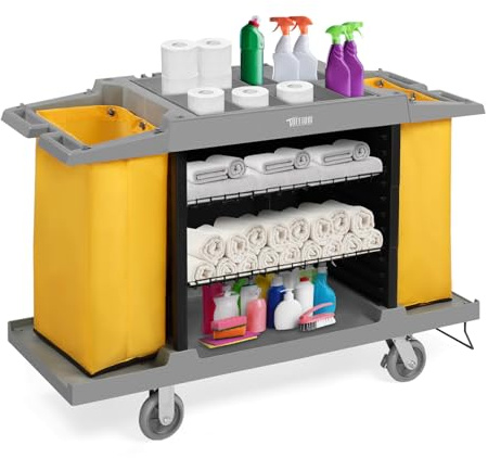 TUFFIOM Industrial Multifunctional Hotel Cart,Commercial Traditional Cleaning Janitorial Room Service Housekeeping Cart, 39 H x 58 W x 21 D