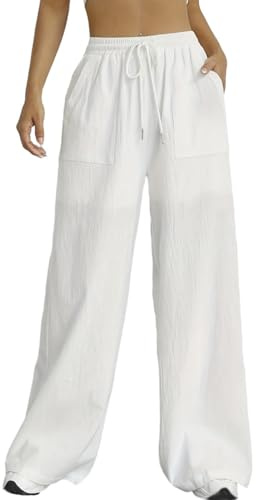 Nuofengkudu White Wide Leg Trousers for Women UK Cotton Linen Drawstring Elastic Waist Pockets Loose Long Ladies Lounge Pants Yoga Comfy Lightweight Bottoms Leisure Joggers Summer Holiday Beach M