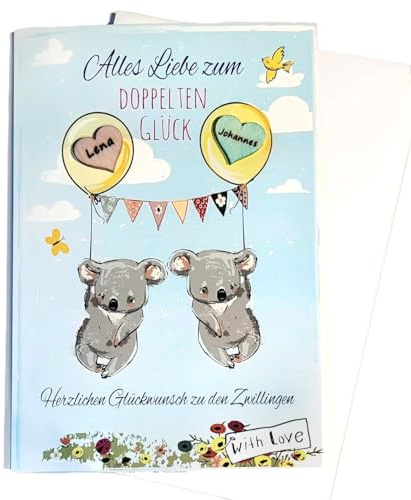 Karte zur Geburt, Zwillinge, Zwillingskarte, Baby, Koala, Geburt, mit Namen, personalisiert, Nachwuchs (rosa-blau)