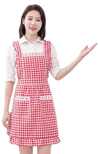Delantal De Cocina Y Jardinería Para Mujer - 1 Pieza, Lindo Bolsillo, Encaje Blanco, Plisado Ajustable (Rojo)