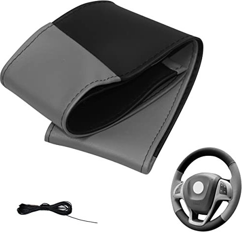 Generisch Lenkradbezug 4 Teilig Auto Lenkradhülle zum schnüren Nähen M5 Schwarz Grau Universalgrösse 37-39 cm
