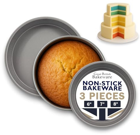 Samuel Groves Set of 3 6/7/8 Set Round Victoria Sandwich Sponge Cake Tin 38mm Depth Straight Sided Deep Pan Fixed Base, Superior Double Coated Non Stick, UK Made