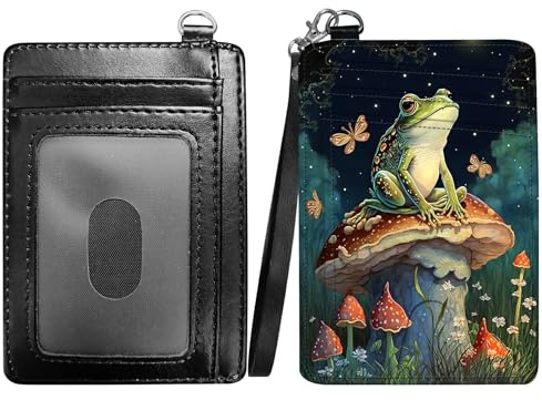 RWUTYTIUL Mushroom Frog Slim Minimalist Wallet with Lanyard Strap, PU Leather Front Pocket Wallet RFID Blocking Credit Card Holder Card Cases with ID Window for Man Woman Boy Girl