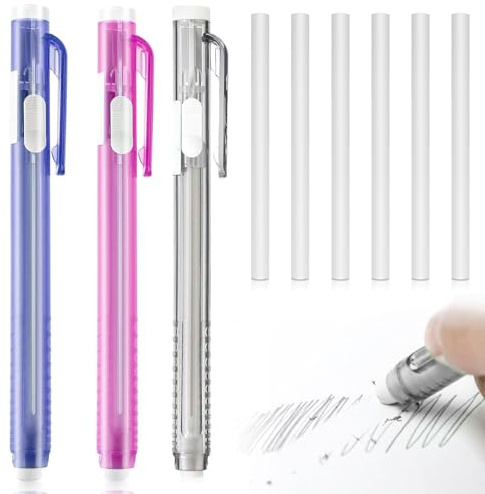 Borrador de lápiz, goma de borrar, lápiz Erasable, juego de lápices de borrar en estilo lápiz, 3 lápices de borrar retráctiles + 6 gomas de borrar de relleno, goma de borrar mecánica retráctil, goma