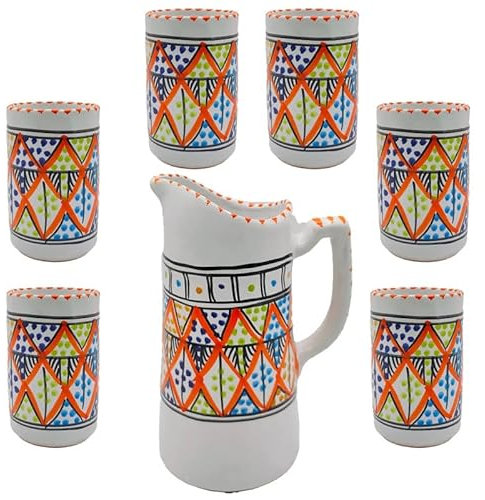 Set Brocca e 6 Bicchieri in Ceramica Artigianale Tunisina Dipinti a Mano, Motivo Arancio
