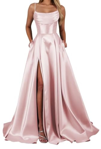 YIANN Vestiti da ballo da donna con spalline sottili in raso con spacco e corsetto, abito da sera lungo formale, Rosa cipria, 40