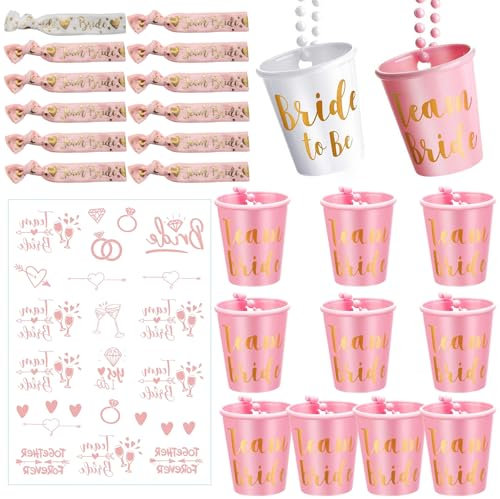 VEGCOO 25 Stück Jungesellinenabschied Accessoires Set, 25 Stück Team Bride Zubehör, 12 Stück Mit Kette Schnapsgläser Zum Umhängen, 12 Team Bride Armbänder, 1 Aufkleber Für Junggesellenabschied Frau