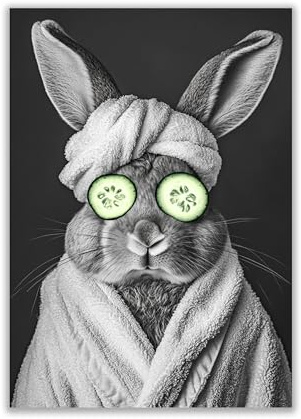 WBdesignz Poster animal amusant - Lapin au spa avec des tranches de concombre - Décoration murale humoristique en noir et blanc pour salle de bain, toilettes d'invités ou espace bien-être (format A4