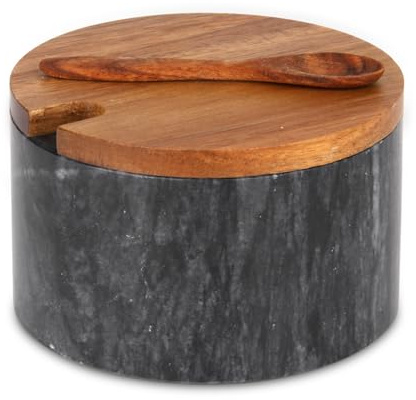 TABHOUKIT Saliera in Marmo con Coperchio Cucchiaio in Legno, Portasale Pepiera Contenitore Moderno per Spezie, Sale o Pepe, Zucchero, Barattolo di Stoccaggio per la Cucina (Ciotola Grigio Scuro)