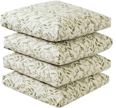 Viste tu hogar Pack 4 Cojín Silla Exterior 45x45cm, Tela Alta Densidad, 70% Algodón 30% Poliéster, Impermeables, Resistentes UV Y Desgarro, Lazos De Sujeción,Verde Hoja Fina,Fabricado En España