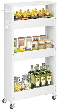 XYZLVSI Slim Storage Cart, Narrow Kitchen Rolling Cart for Small Spaces | 5.9 W skinny storage cart, 12.4 bottom metal utility cart with 360° swivel wheels for bathroom/laundry, slim shelf, white